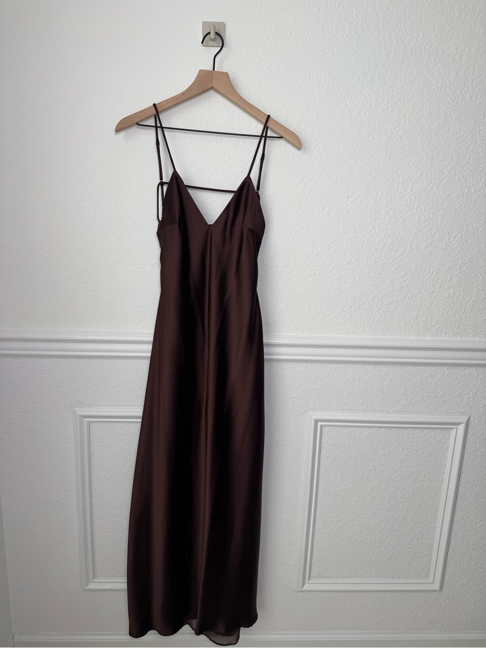NWT Zara Chocolate Brown Satin Strappy Maxi Dress Size L